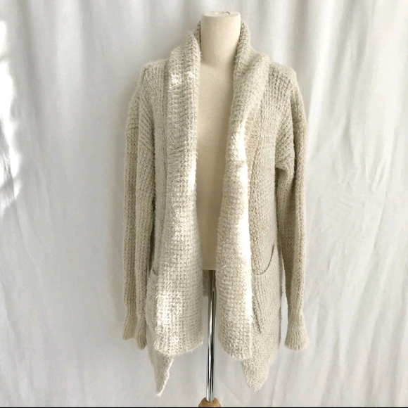 POL Women oatmeal Beige Fuzzy Knit Open Front Long Cardigan Pockets Medium - Picture 1 of 8